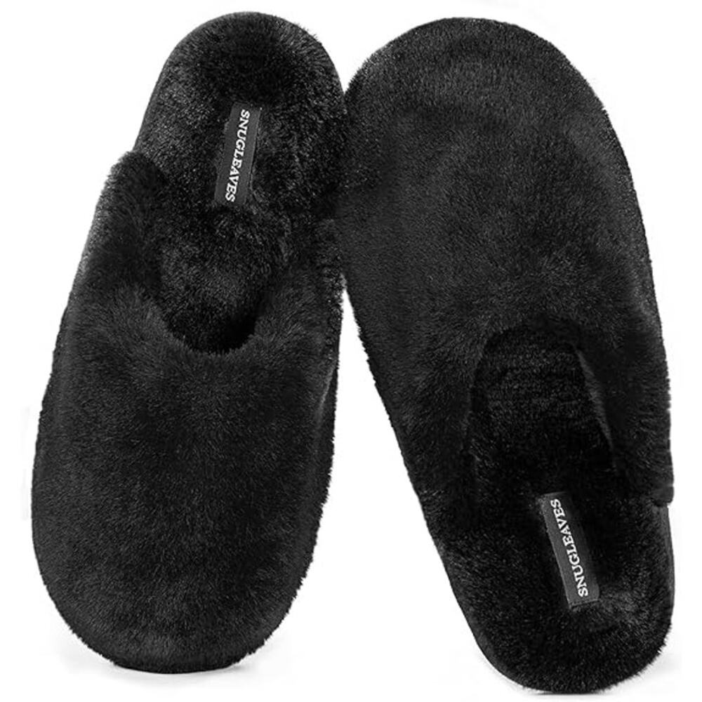 Snug Leaves Womens Size 9-10 Black Fuzzy Slippers Memory Foam Slip On Shoes